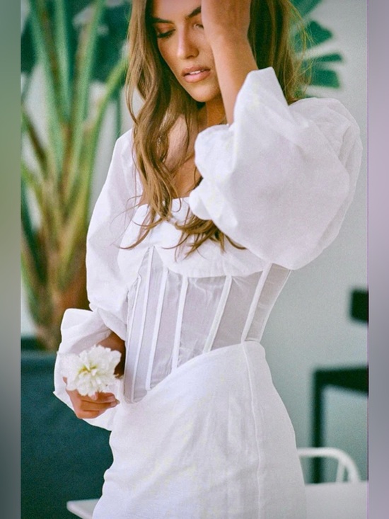 NWT SABO Luxe Australia Brielle Off-Shoulder Corset Mini Dress w Balloon Sleeves - Picture 5 of 10